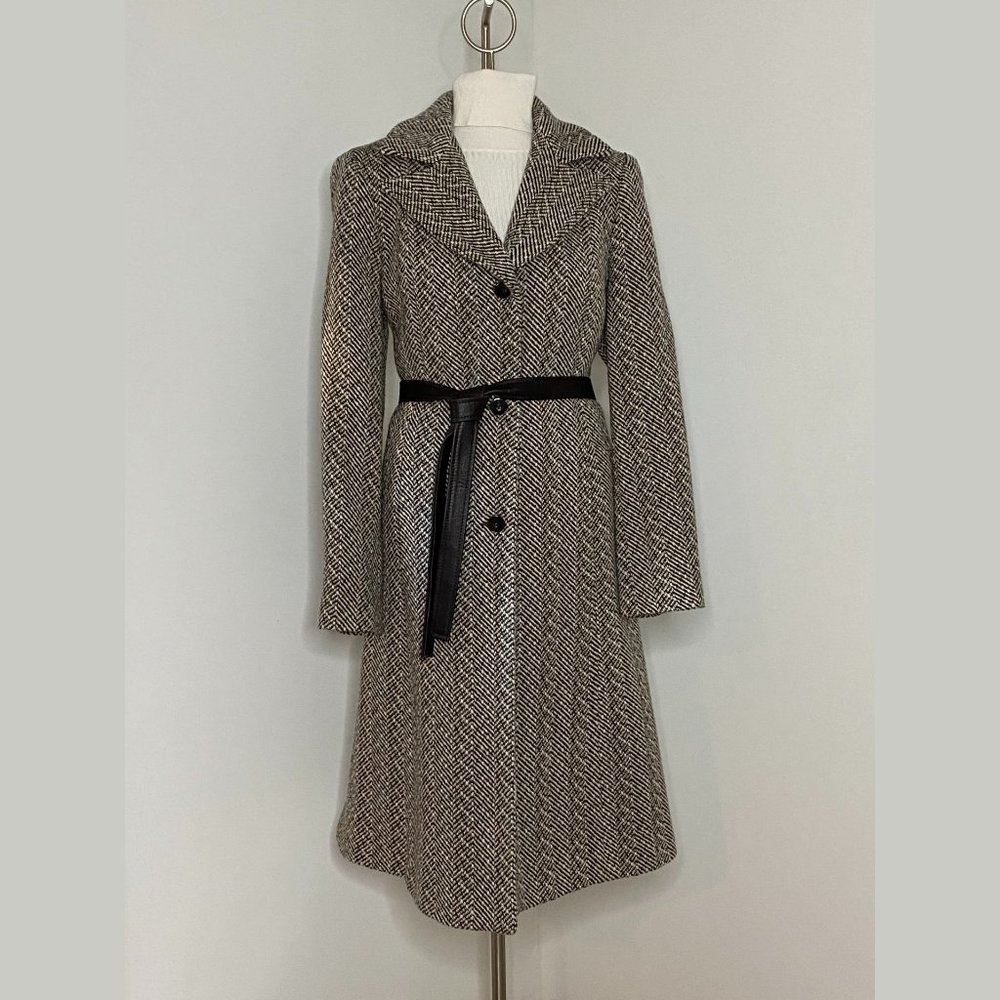 Brown & Ivory Tweed Belted Wool Coat